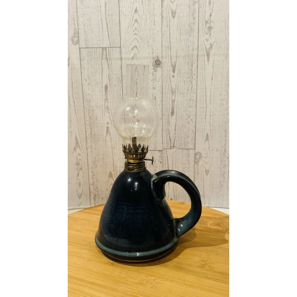 Vintage Ceramic Studio Potter Oil Hurricane Glass Blown Glass Chimney Lamps 9.5”